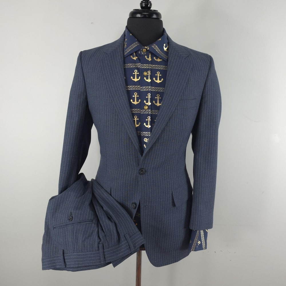 Vintage John Weitz Suit Mens 38R 30W Blue Pinstripe 2 Piece Palm Beach 70s 80s